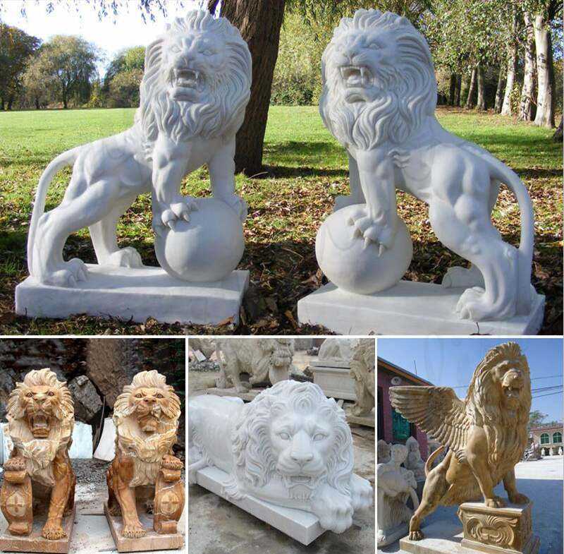 Pair of White Marble Stone Lion Guardian Statue Outside Life Size for Front Porch Decor for Sale