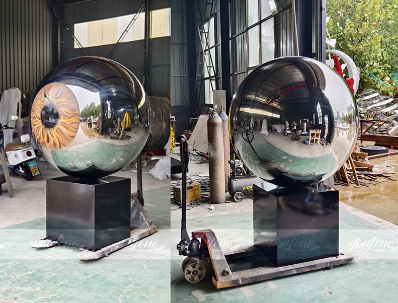 completed stainless steel eyeball sculpture
