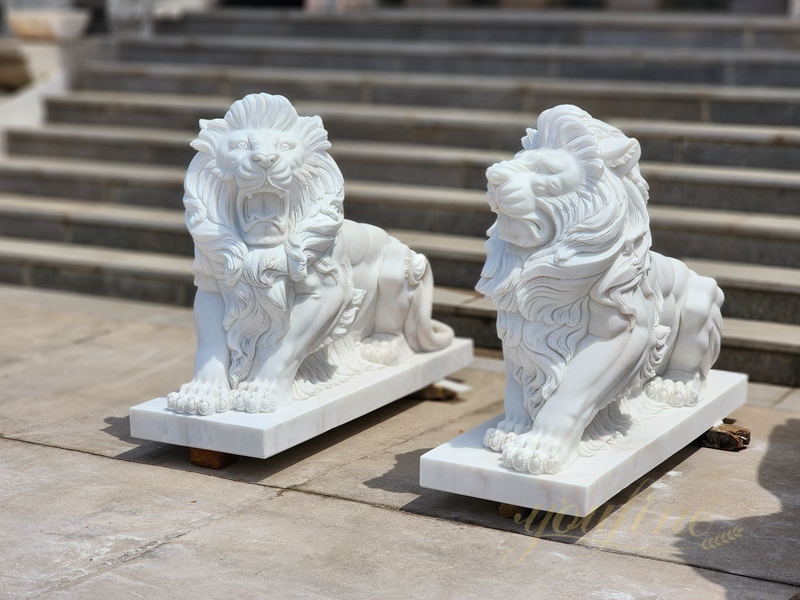 Outdoor Italian Marble Roaring and Standing Lion Statues for Front Porch Home Decor for Sale MOKK-108