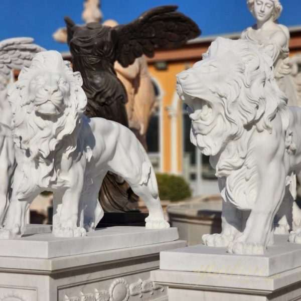 Outdoor Italian Marble Roaring and Standing Lion Statues for Front Porch Home Decor for Sale MOKK-108