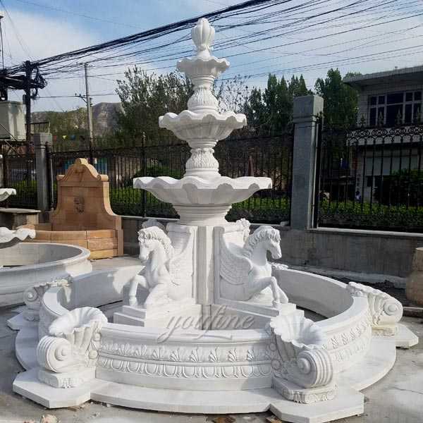 Popular Outdoor Garden Pure White Marble Tiered Water Fountain with Horse Designs MOKK-84
