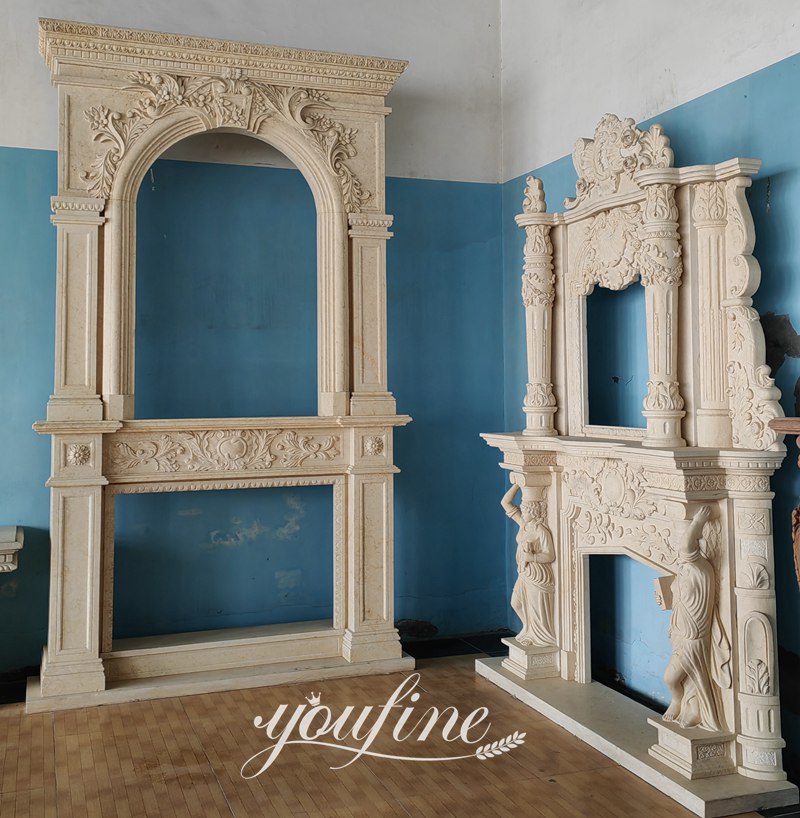 beige Overmantel Hand Carved Marble Fireplace