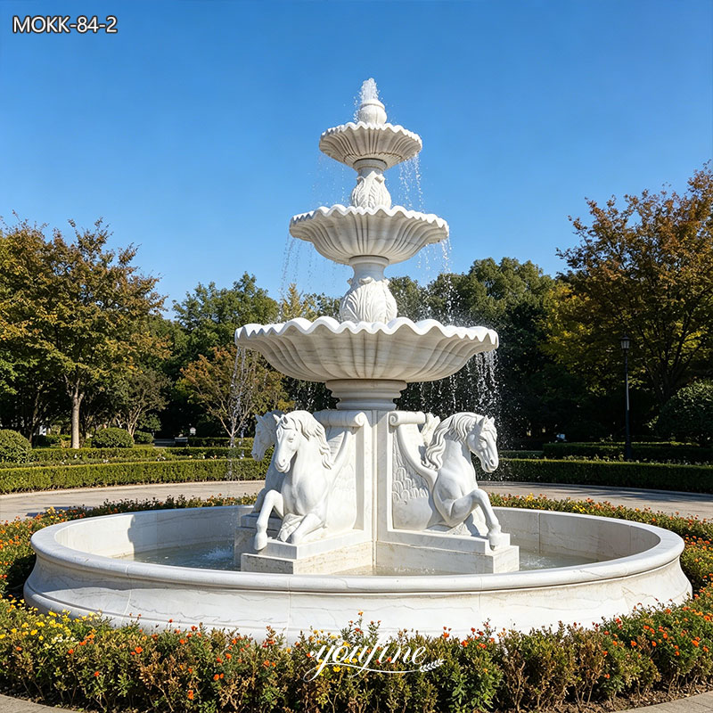 Marble Outdoor Horse Fountain with Round Base MOKK-84