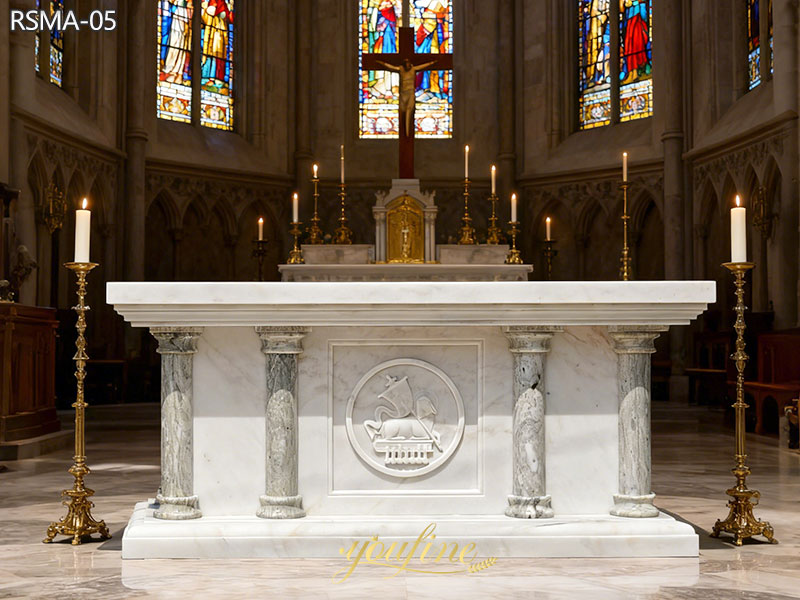 Custom Hand Carved Marble Altar with Victorious Lamb symbol