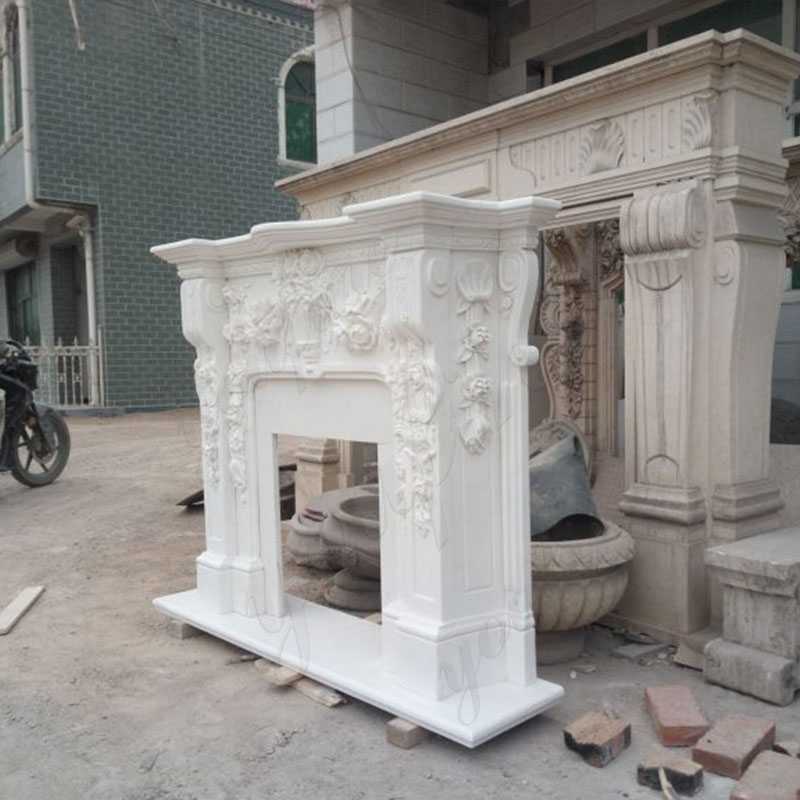 white natural stone marble fireplace