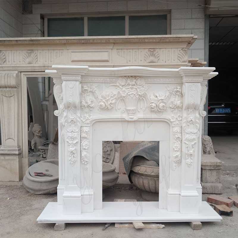 white natural stone marble fireplace