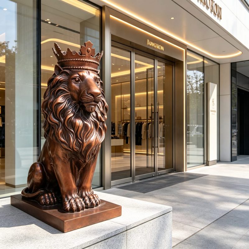Life-size Seated Crowned Lion Bronze Statue Outside Luxury Shop Entrance