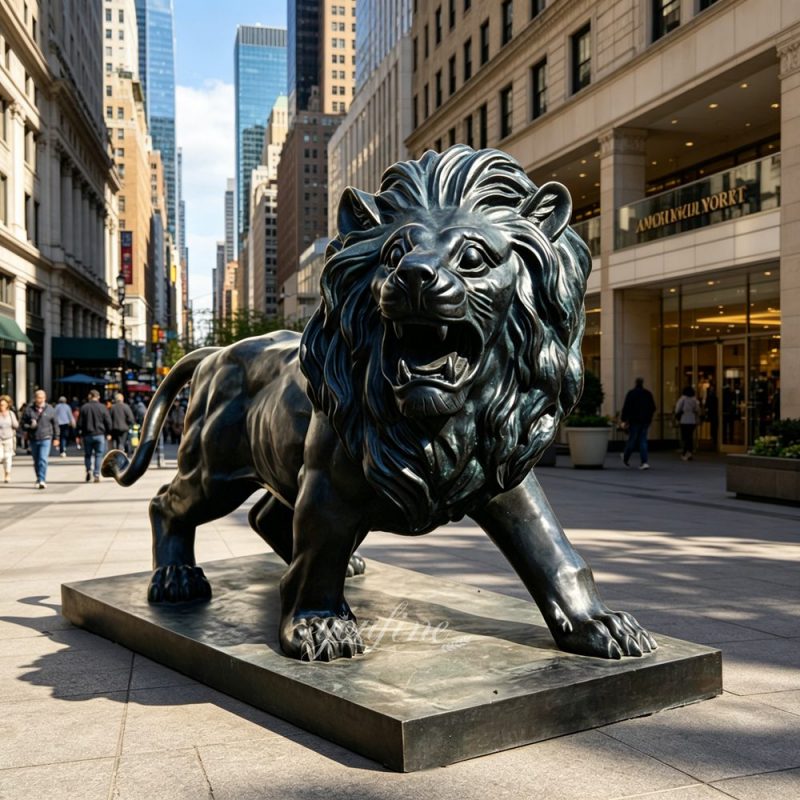 Roaring lion sculpture on a commercial street