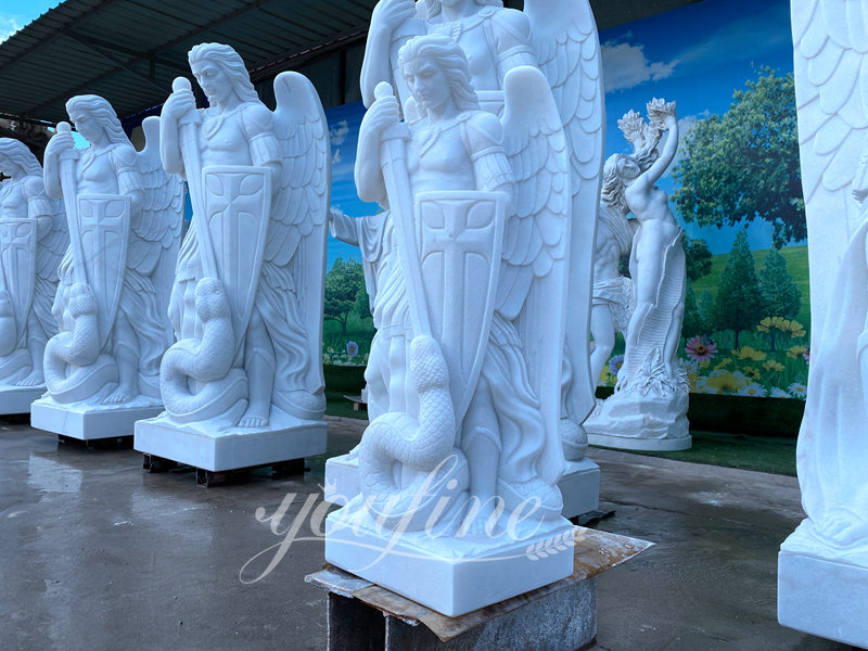 White Marble Saint Michael the Archangel Slaying Demon Statue