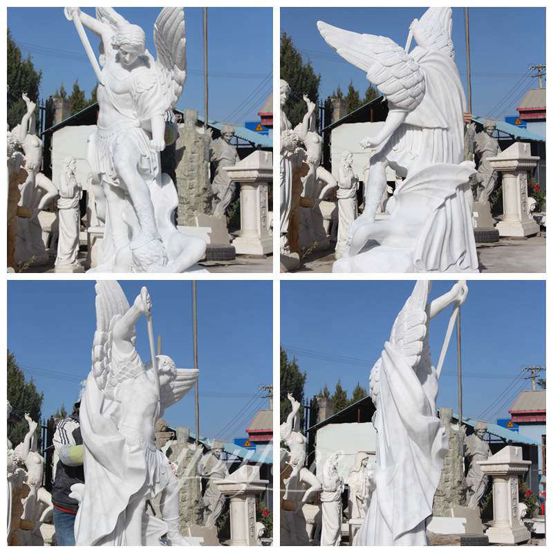 White Marble Saint Michael the Archangel Slaying Demon Statue