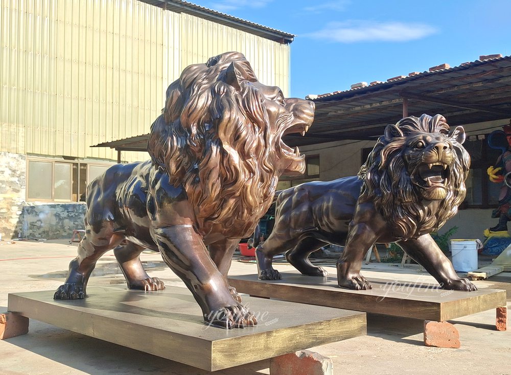 bronze brown roaring lion statue