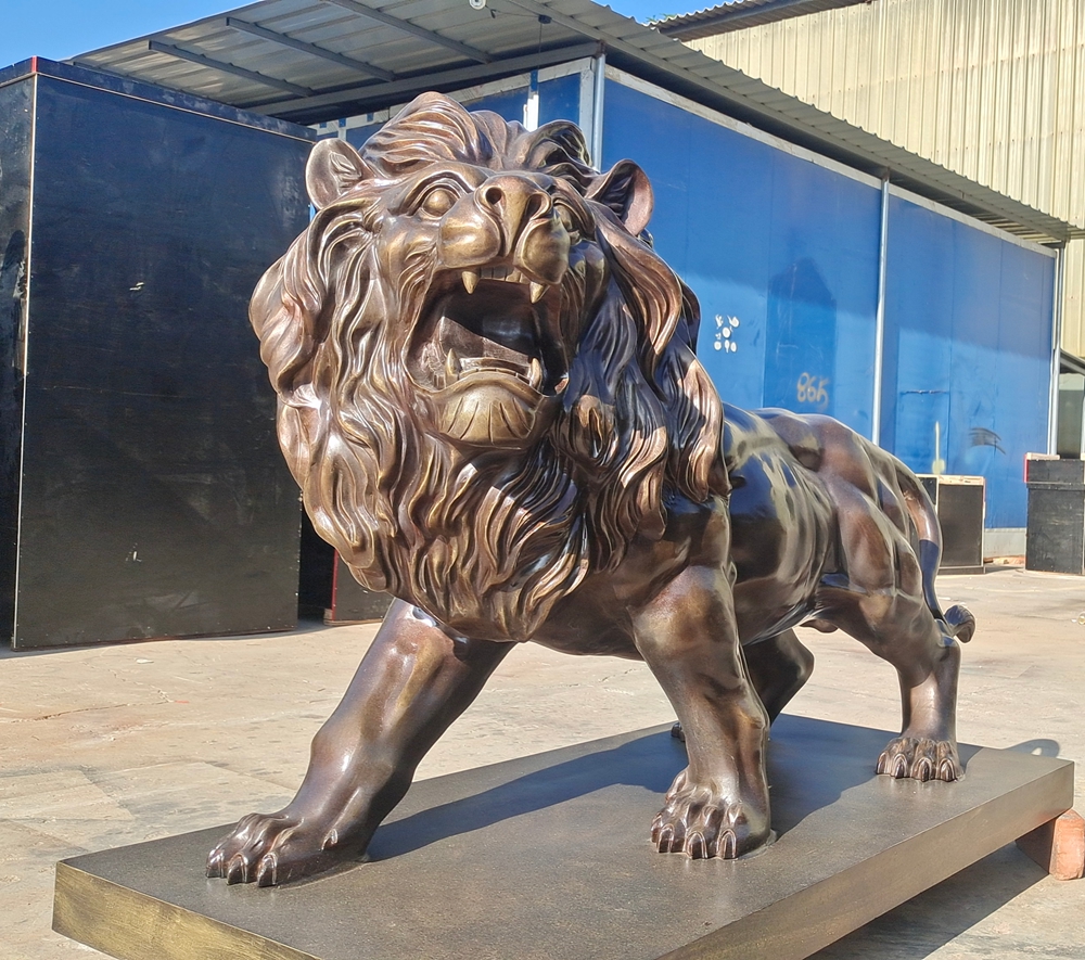 brown Walking Roaring Lion Sculpture