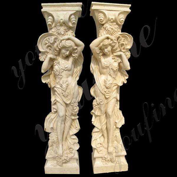 Large Yellow Greek Marble Figure Statue Column of Female Caryatid Carving Pillar Design for Sale MOKK-157