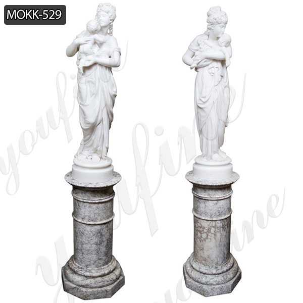 Hand Carved Decorative White Marble Mother and Child Stone Columns for Sale MOKK-529