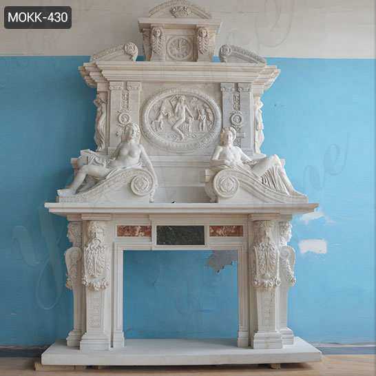 Hand Carved White Marble Overmantel Fireplace with Statues MOKK-430