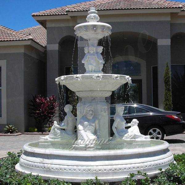 Hand carved 3 tiered pure white marble fountain with figure statues design for sale for front yard decor