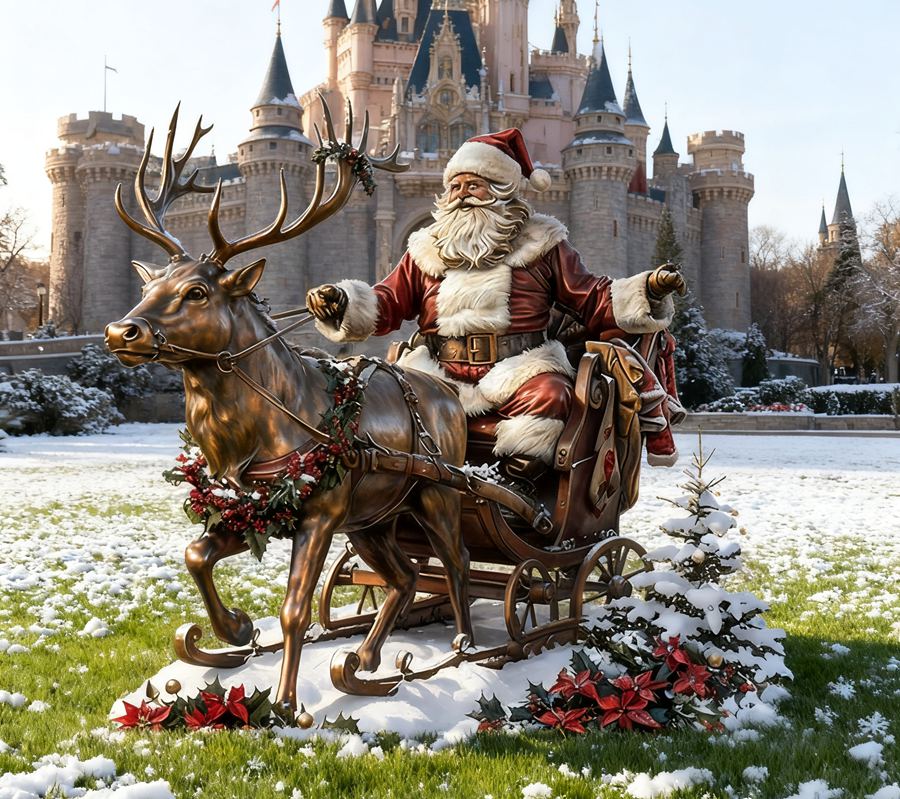 Santa Claus and Reindeer bronze sculpture