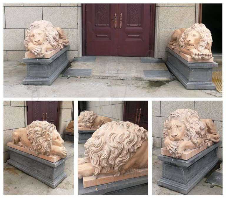 Hand Carved Beige Marble Lion Statues for Front Porch Supplier MOKK580YouFine Sculpture