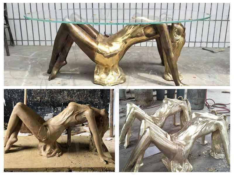 Coffee table with bronze statue base