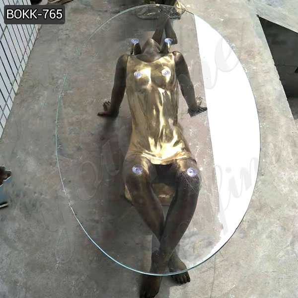 Custom Made Coffee Table with Bronze Woman Statue Base