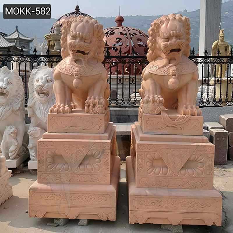 Outdoor Red Marble Chinese Foo Dog Statues Ornaments for Sale