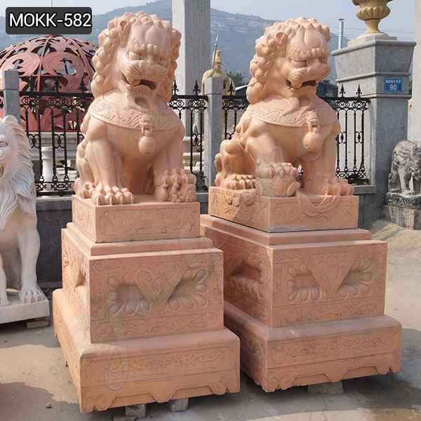 Outdoor Red Marble Chinese Foo Dog Statues Ornaments