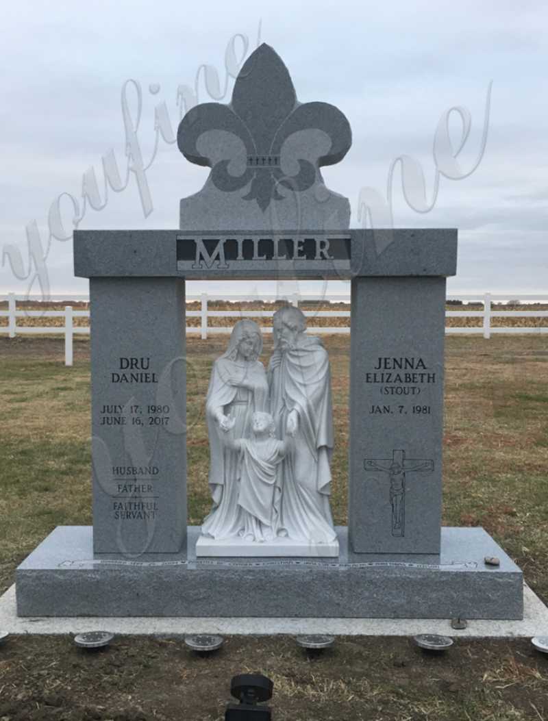 Custom Made Granite Tombstone with White Marble Holy Family Statue