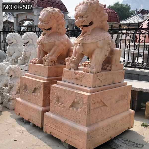 Outdoor Red Marble Chinese Foo Dog Statues Ornaments for Sale MOKK-582