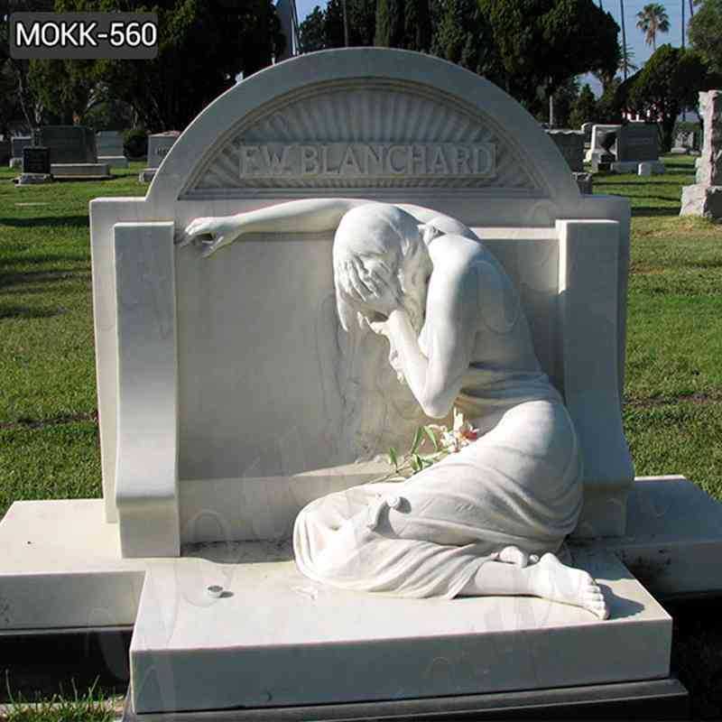 White Marble Upright Tombstone with Sorrowful Woman Statue for Sale