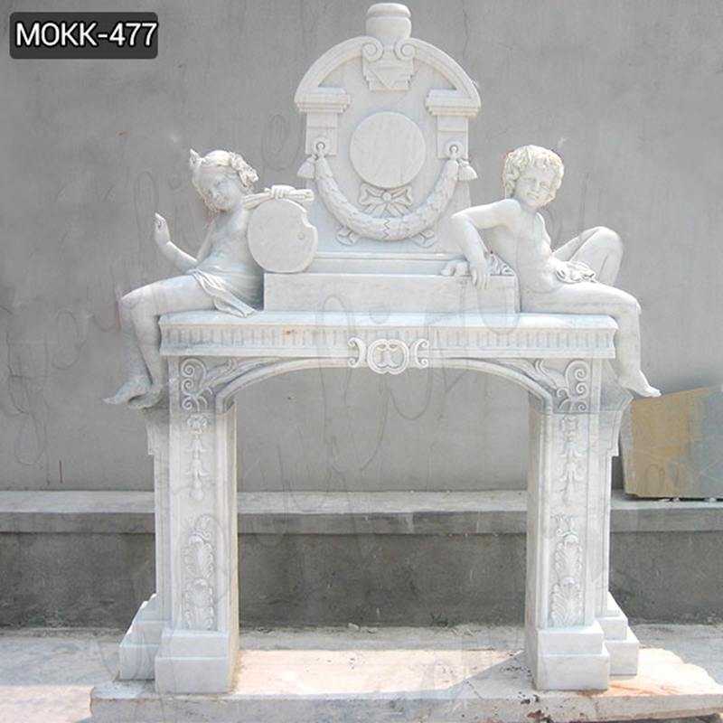 Hand Carved Decorative Marble Fireplace with Sitting Children Statue for Sale