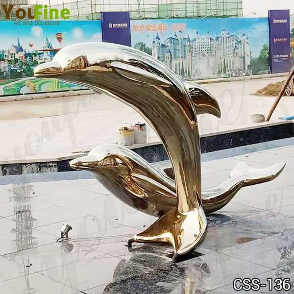 Outdoor Champagne Gold Dolphin Stainless Steel Sculpture for Sale