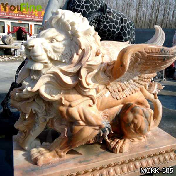 Hand Carved Beige Marble Winged Lion Statue Supplier MOKK-605