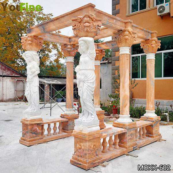 Red Marble Gazebo with Female Statues Design for Backyards Supplier MOKK-602