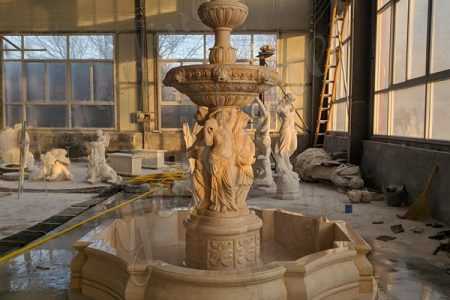 Newly Completed Egyptian Beige Tiered Marble Statuary Fountain Made for Our Customer