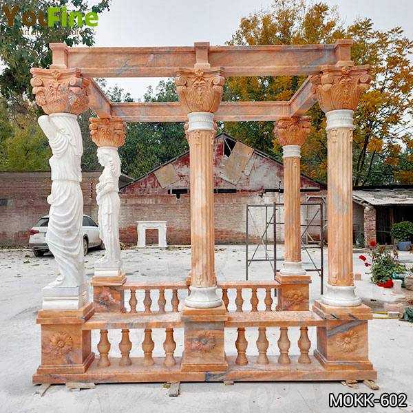 Red Marble Gazebo with Female Statues Design for Backyards