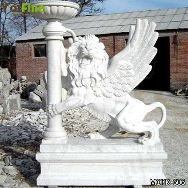 White Marble Winged Lion Statue with Planter Pot for Front Porch