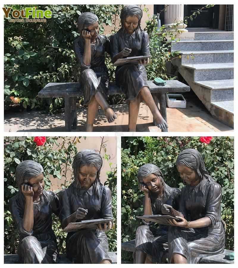 Lovely Bronze Sisters Reading Sculpture