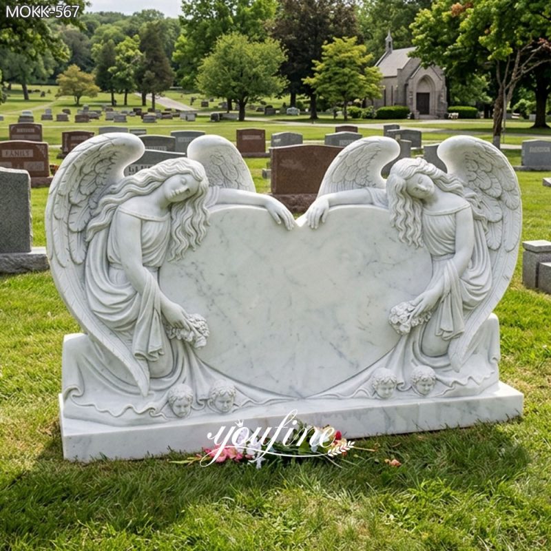 Natural Marble Double Angel Heart Headstone MOKK-567
