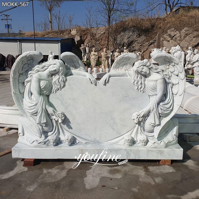 Natural Marble Double Angel statue with Heart Headstone