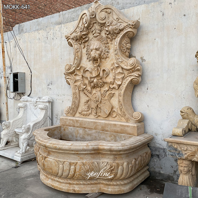 moderne buitenfontein met waterwand en leeuw