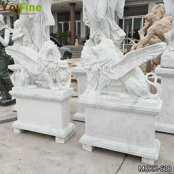 Antique Style White Marble Winged Lion Statues for Sale