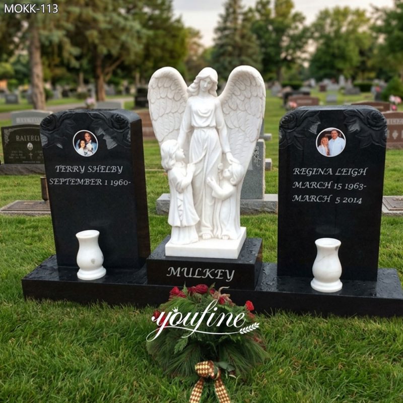 Black Granite Tombstone with Angel and Children Statue MOKK-113