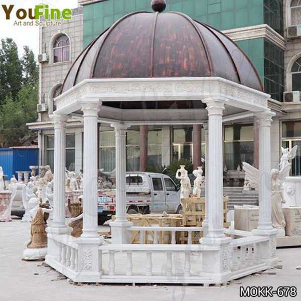 Italian White Marble Gazebo with Wrought Iron Dome Designs Suppliers MOKK-678