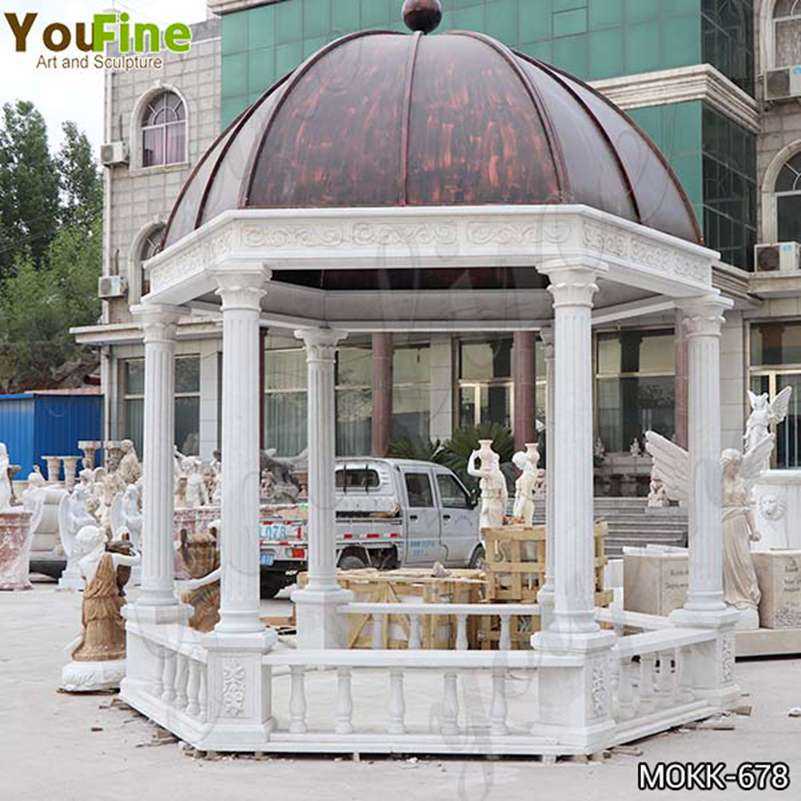 Italian White Marble Gazebo with Wrought Iron Dome Designs Suppliers MOKK-678