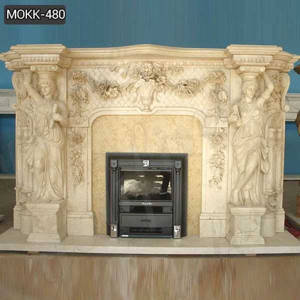 Luxurious Large Beige Marble Statuary Fireplace Mantel for Sale MOKK-480