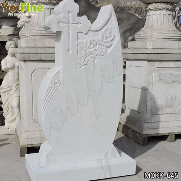 White Marble Upright Headstone Carved with Cross