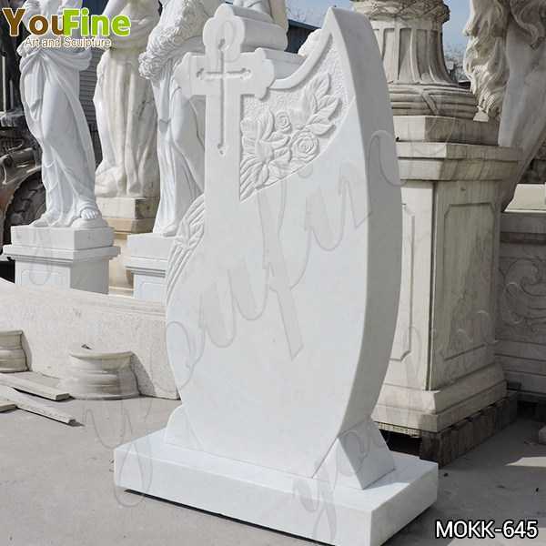 White Marble Upright Headstone Carved with Cross on Sale