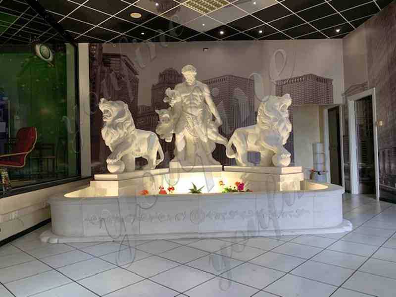 Custom Made White Marble Hercules Fountain with Two Lion Statues for American Client