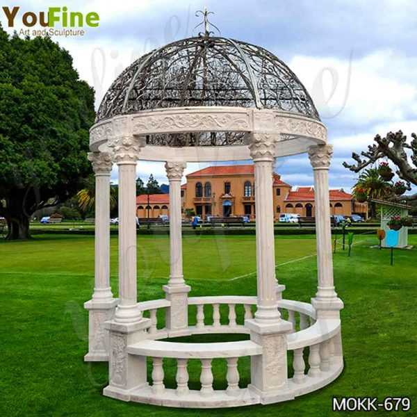 Hand Carved Beige Stone Column Gazebo with Iron Top for Sale