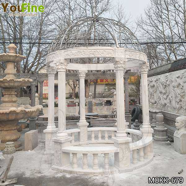 Hand Carved Beige Stone Column Gazebo with Iron Top